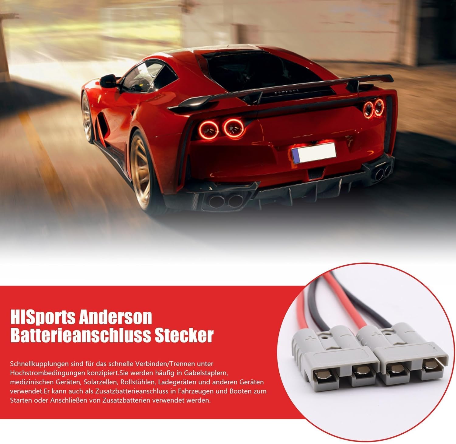 HISports Anderson Batterieanschluss Stecker 50 A 600 V mit O-Ring Kabel 10 AWG 30 cm,Ladestecker für Gabelstapler, Anhänger, Wohnwagen, Boote, Solaranlagen