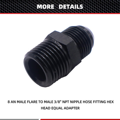 HiSport 8AN to 3/8 NPT Male Hose Fitting Adapter, Universal Aluminum Flare Male 8AN to 3/8'' NPT Union Fuel Oil Line Pipe Connector Black Anodized