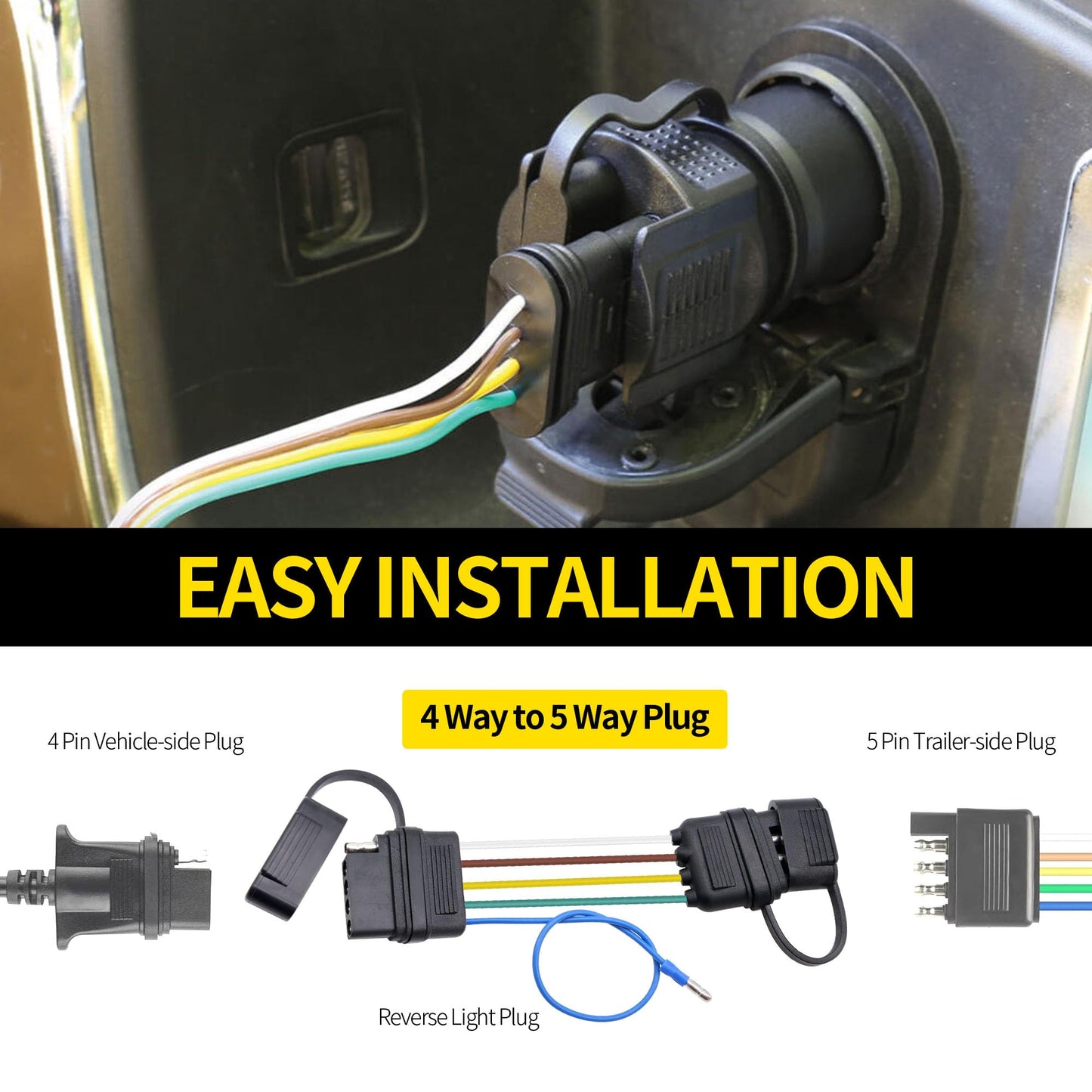 HiSport 4-Way to 5-Way Flat Trailer Wiring Adapter Compatible with Boat Trailer W/Surge Brakes