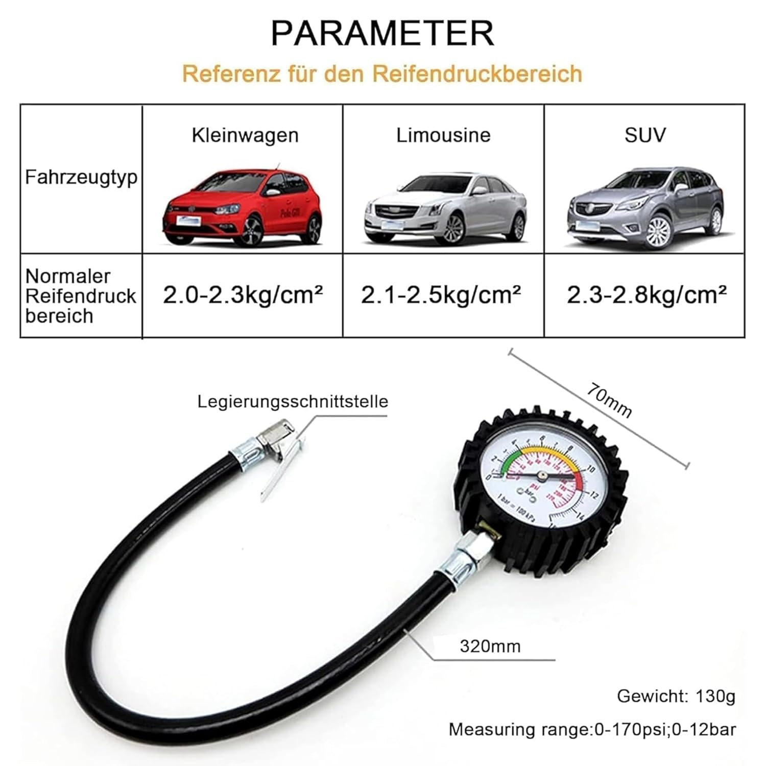 HISports Reifendruckprüfer luftdruckprüfer Universelle Reifendruckmesser Präzision Reifendruck Messgerät Kompatibel mit Geländewagen, Transporter, Auto, Fahrrad und Motorrad