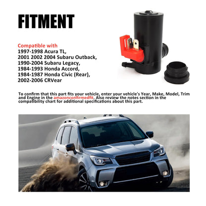 HiSport Windshield Washer Pump 38512-SA5-013 with Grommet - Compatible with Acura TL Subaru Outback Subaru Legacy Honda Accord Honda Civic CRVear 1984-2006 - Replaces 76806-SE3-G02 86611-AA010