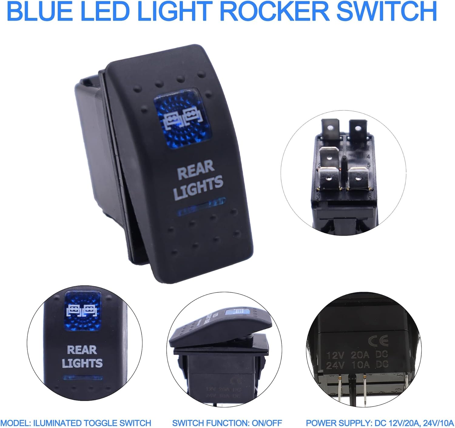 HISports Boat Rocker Switch Waterproof Toggle Switch 12V 20A SPST ON/Off Lighted Rocker Switch 5 Pins Toggle Buttons with Blue LED Lightfor Car RV Marine Boat Motorhome Truck Yacht (REAR Light)