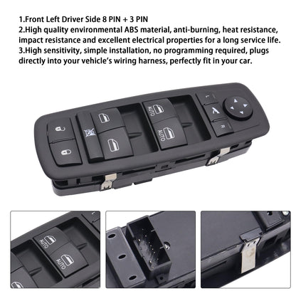 HiSport 56046826AE Power Master Window Switch Front Left Driver Side - Compatible with Chrysler 300 2012 Dodge Journey 2011 2012-8 PINS + 3 PINS
