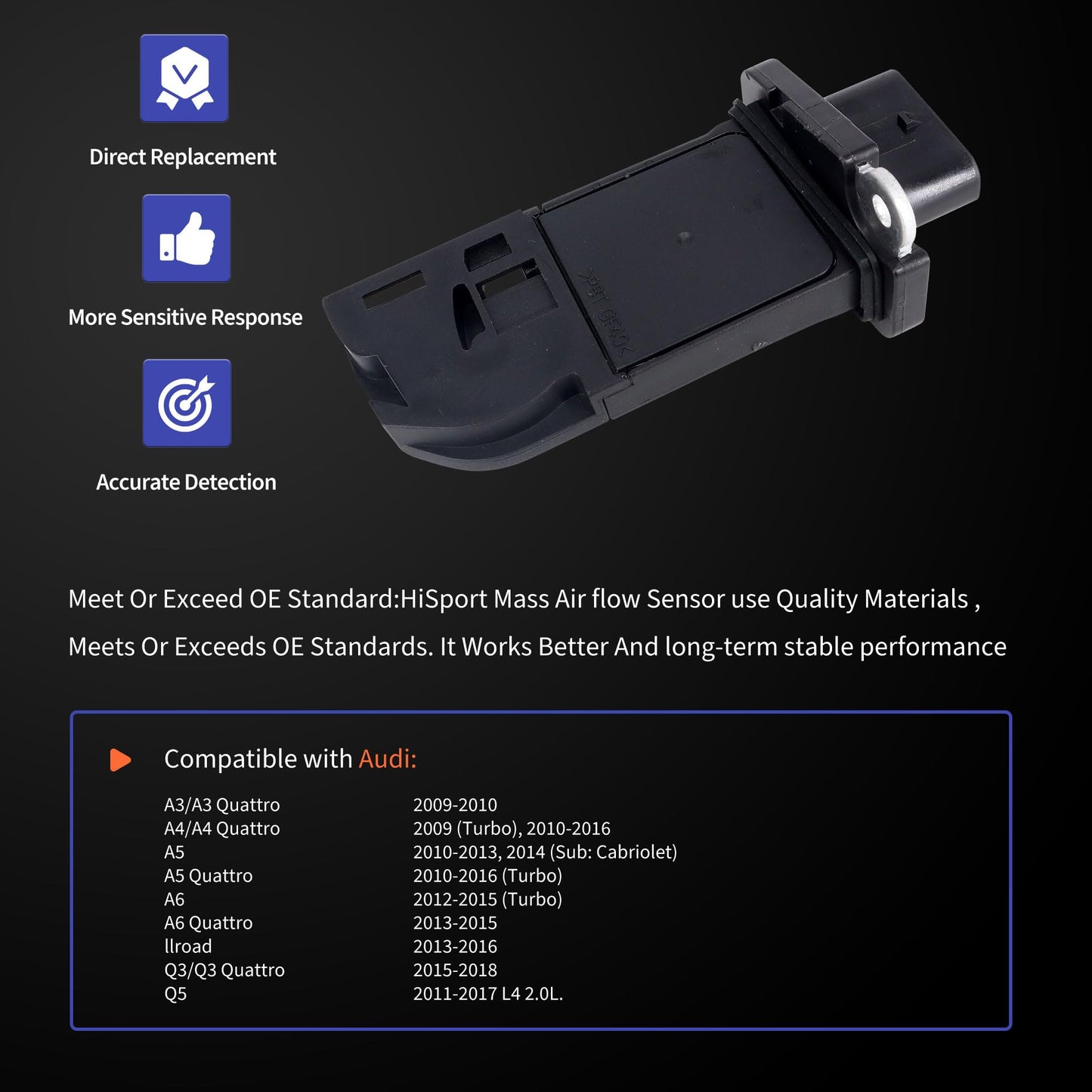 HiSport Mass Air Flow Sensor MAF 5-Pins 06J906461D Compatible with Audi A4 2009-2016, A5 2010-2014, A6 2012-2015, Q5 2011-2017, A3, Q3, allroad, Quattro Models