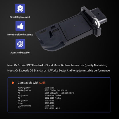 HiSport Mass Air Flow Sensor MAF 5-Pins 06J906461D Compatible with Audi A4 2009-2016, A5 2010-2014, A6 2012-2015, Q5 2011-2017, A3, Q3, allroad, Quattro Models