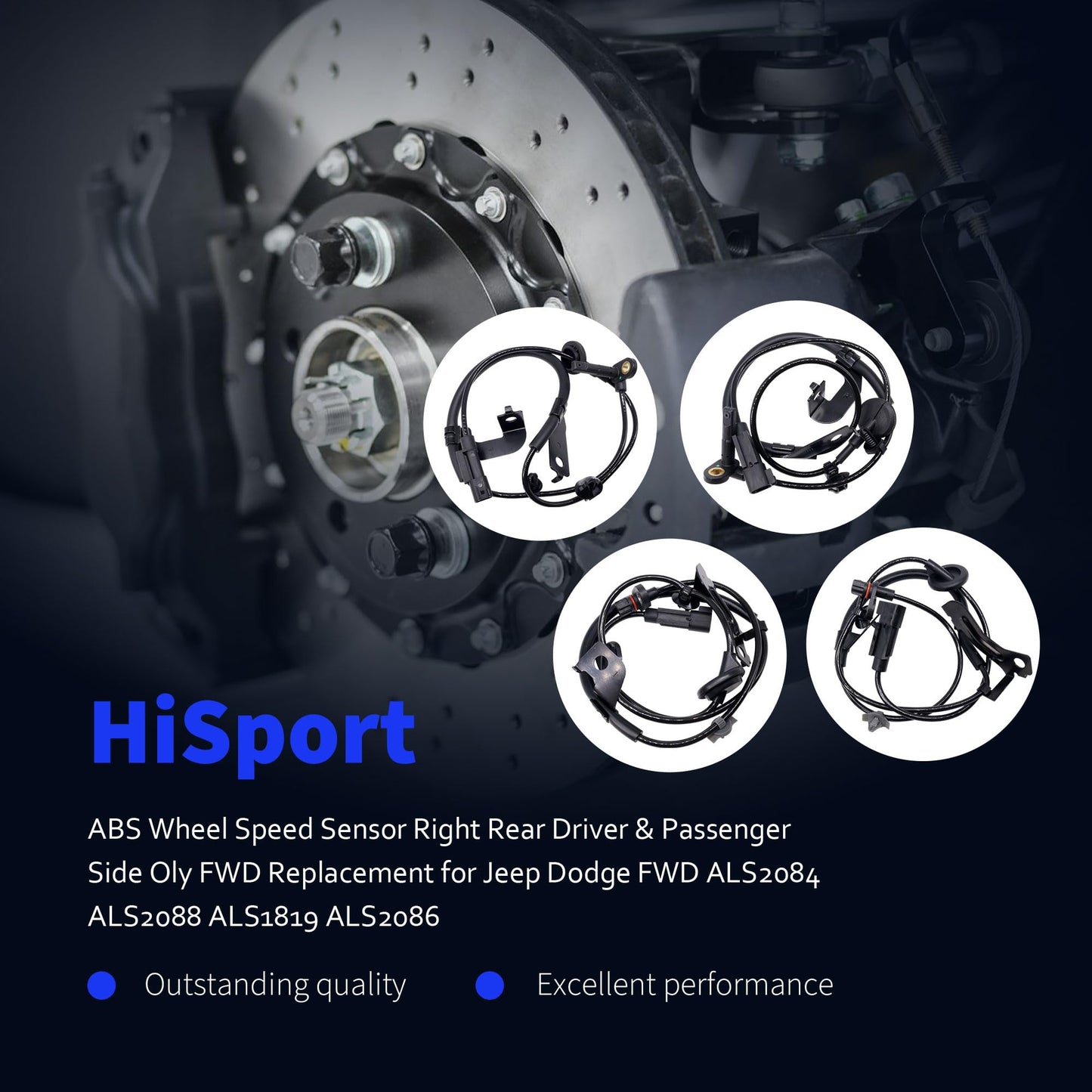 HiSport ABS Wheel Speed Sensor Right Rear Driver & Passenger Side ONLY FWD Replacement for Jeep Dodge FWD 2007-2016 Replaces ALS2084 ALS2088 ALS1819 ALS2086