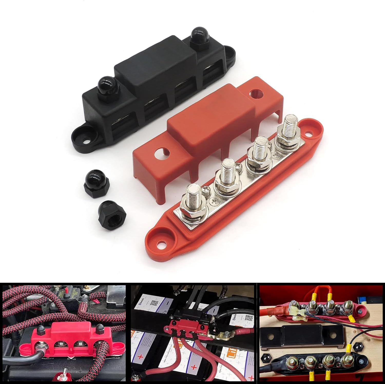 HiSport 4 Stud Power Distribution Block for Marine Bus Bar, Automotive, and Solar Wiring with Cover Bus Bar Junction Block 250A 3/8” Red & Black