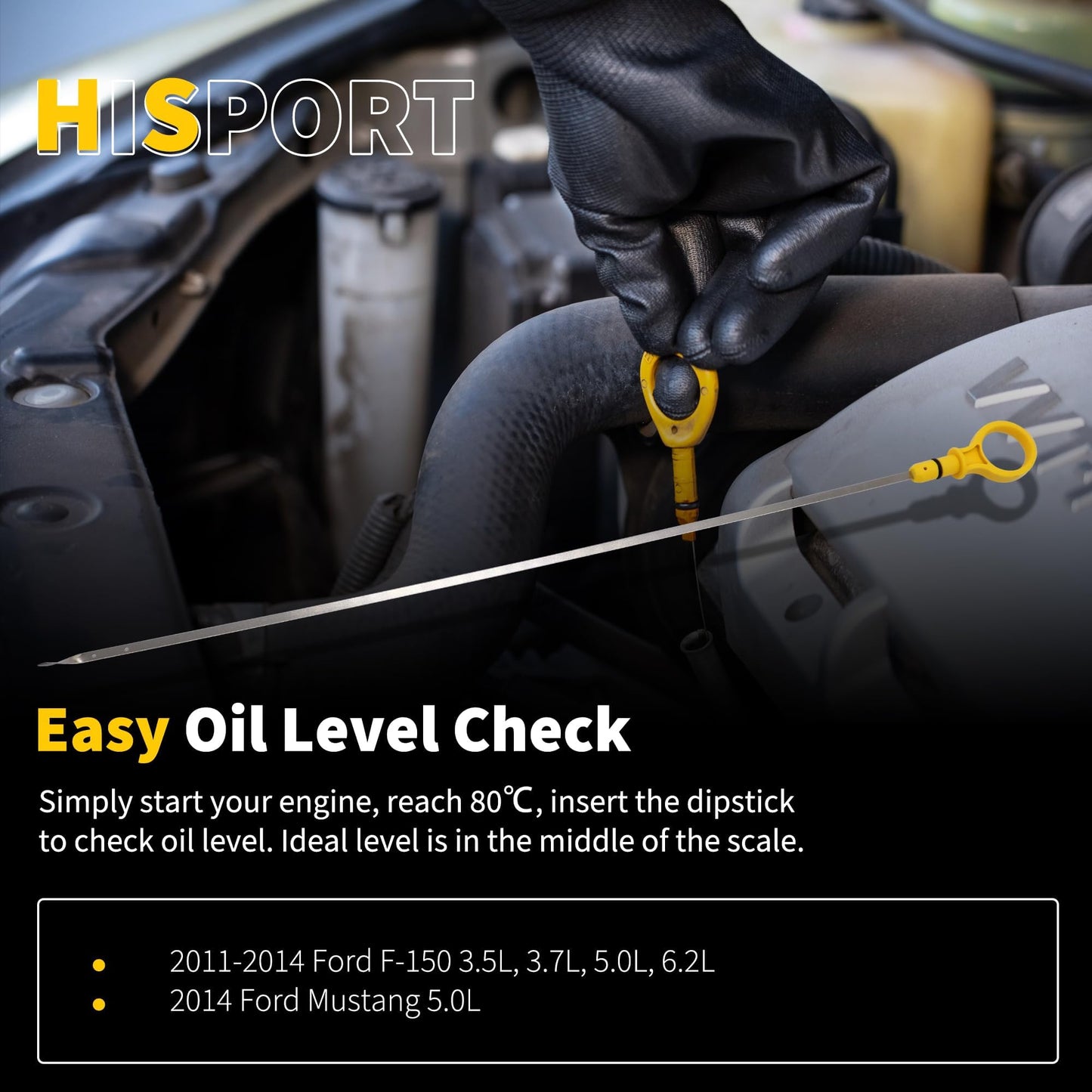 HiSport Engine Oil Dipstick - Compatible with Ford F150 F-150 Mustang 2011-2014 5.0L V8, Oil Level Dip Stick Replacement BR3Z6750A