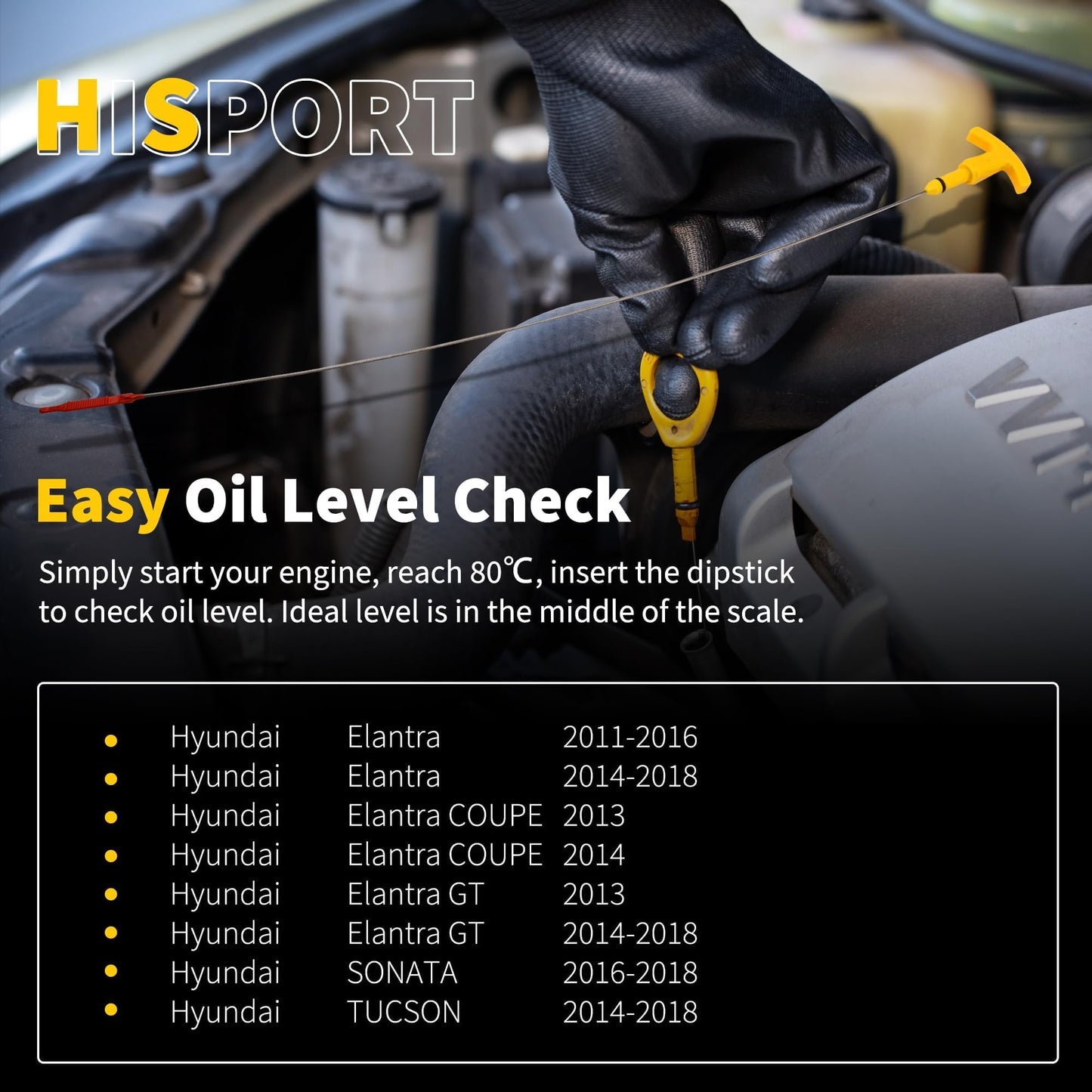 HiSport Engine Oil Dipstick - Compatible with Hyundai Elantra Tucson Sonata Kia Forte Forte5 Optima Soul Dip Stick for Checking Oil Replacement 26611-2E021