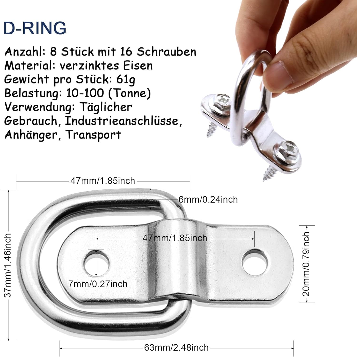 HISports D-Ring-Edelstahl-Krawatten Set, 8 Stück, Edelstahl-Struktur Ring-D-Ring, Anhänger-Befestigungsösen, Anhänger-Zubehör mit 16 Schrauben für Anhänger, LKW, Bootszubehör, Kfz-Spanngurte