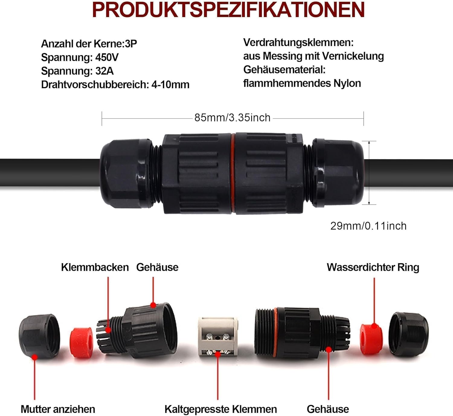 HISports Wasserdichter IP68 3-poliger Kabelstecker für 4–10,00 mm Kabeldurchmesser, Anschlussdose für den Außenbereich, Wohnmobil, Garten, Boot, Auto und vergrabene Kabel – 3er-Pack, Schwarz