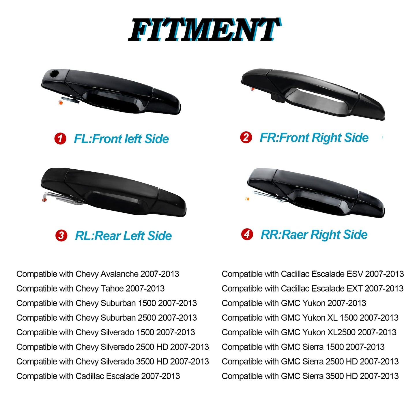 HiSport 20828237 4PCS Outside Exterior Door Handle Compatible with Chevrolet Chevy Avalanche 2007-2013, Silverado 1500 2500 3500 2007-2014, Suburban 1500 2500, Tahoe, GMC Sierra 2500 3500 Yukon