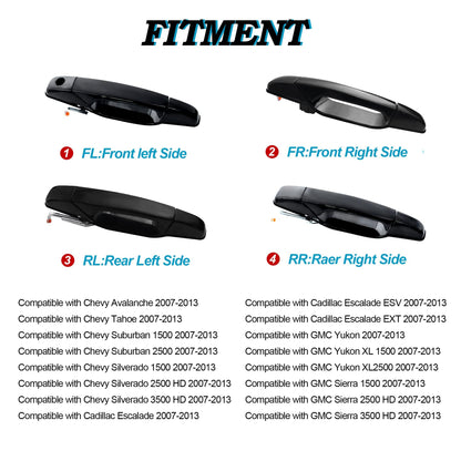 HiSport 20828237 4PCS Outside Exterior Door Handle Compatible with Chevrolet Chevy Avalanche 2007-2013, Silverado 1500 2500 3500 2007-2014, Suburban 1500 2500, Tahoe, GMC Sierra 2500 3500 Yukon
