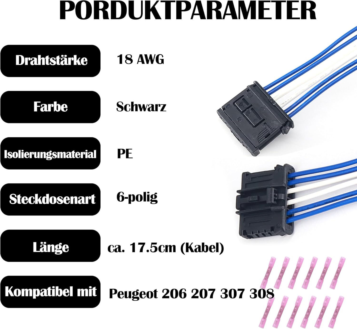 HISports 2 Stück 6 pin Rücklicht Kabelbaum Stecker 1606248780-Kompatibel mit Peugeot 206 207 307 308,18cm Rücklicht Kabelbaum Stecker