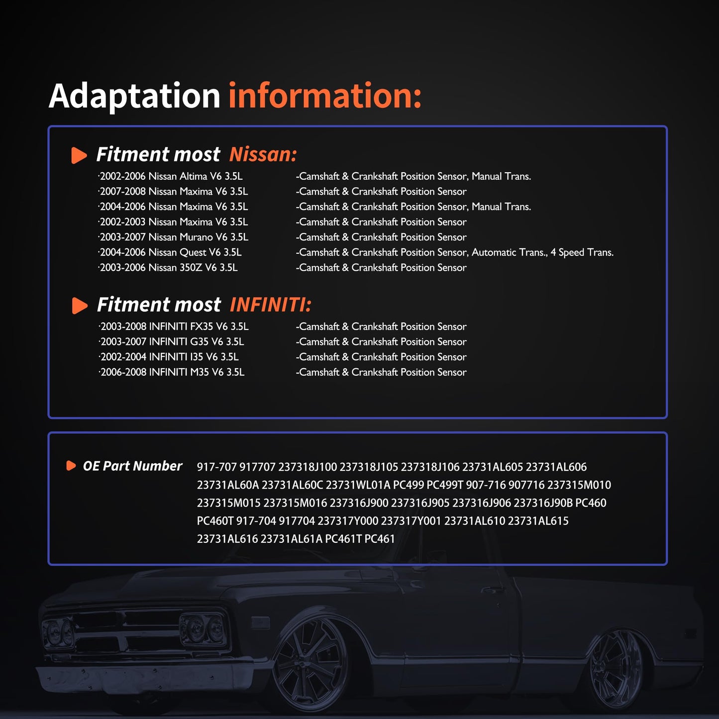 HiSport Crankshaft Position Sensor Camshaft Sensor Connector Compatible with Nissan Infiniti FX35 M35 G35 I35 Maxima Murano 350Z Altima Quest 2002-2008 Replace 907-716 917-707 917-704
