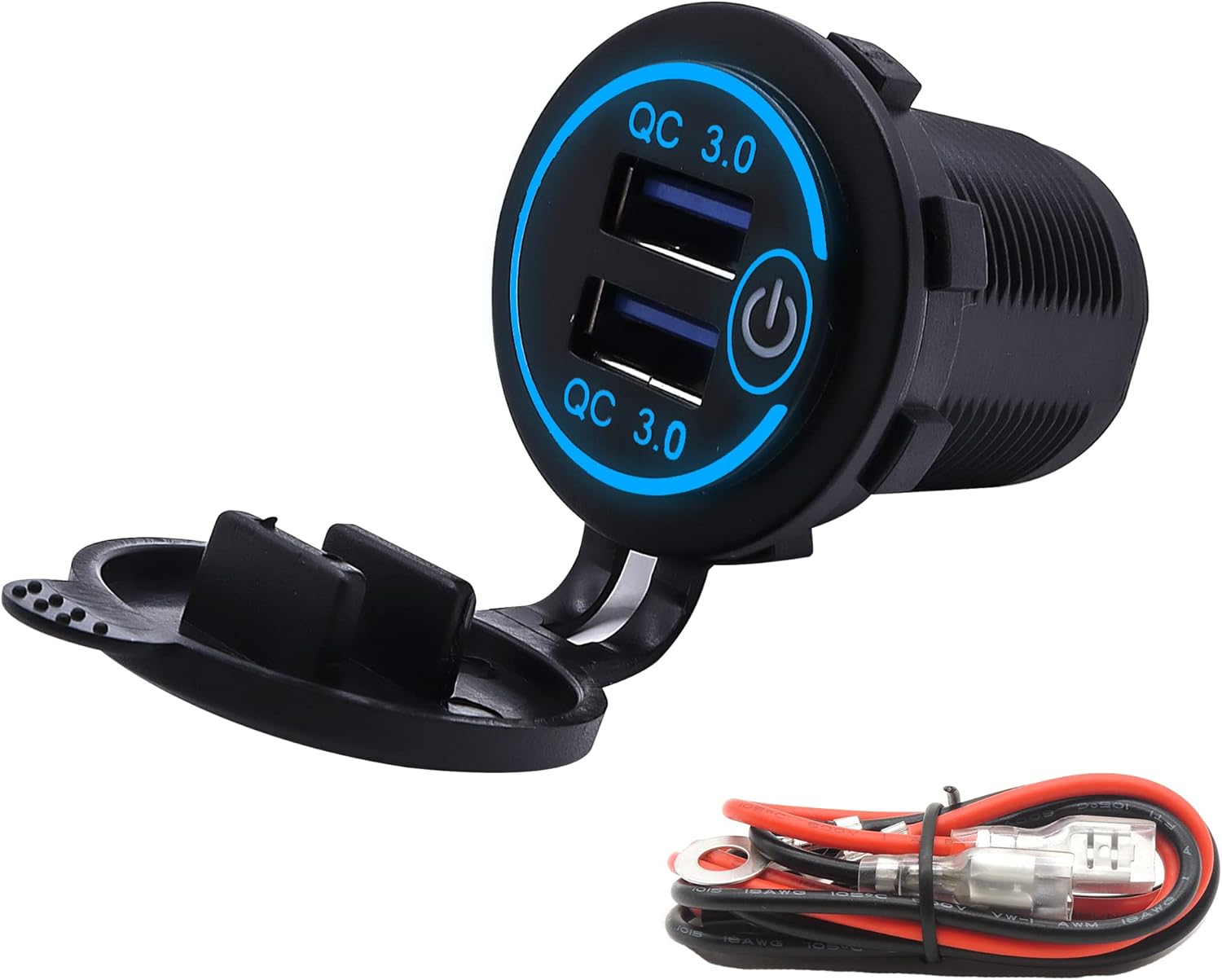 HISports Dual USB Charger Socket QC 3.0 Fast Car Charger Socket Power Outlet with Touch Switch & Blue LED Cigarette Lighter Socket Waterproof for 12V/24V Car, Boats, Motorcycle, Marine, RV, Truck