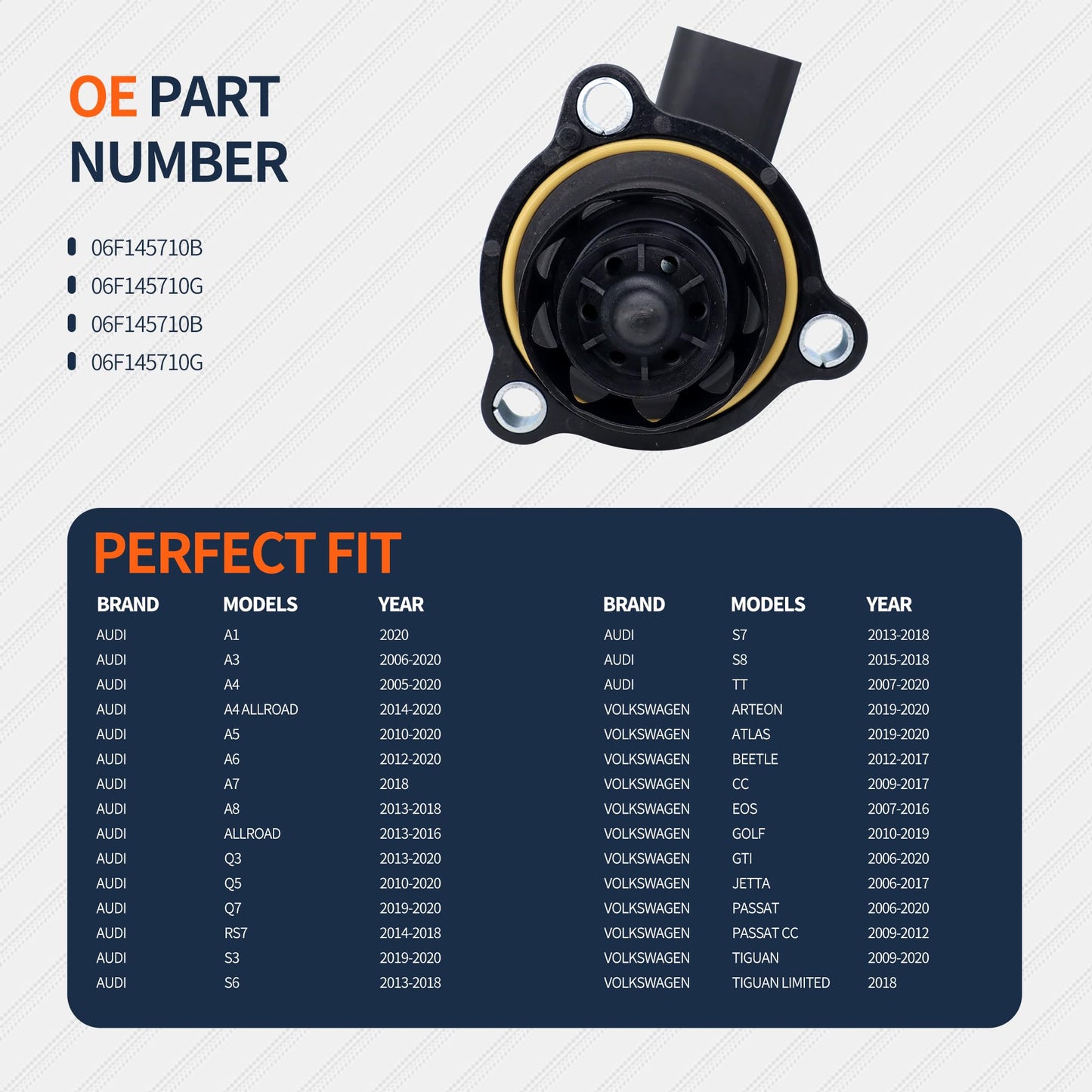 HiSport 06F145710G Turbocharger Bypass Valve - Compatible with Audi A3/S3 A4 B8 A5 for TT Compatible with VW for Golf for Jetta for Passat 1.4L 1.8L 2.0L - Replace 06F145710B