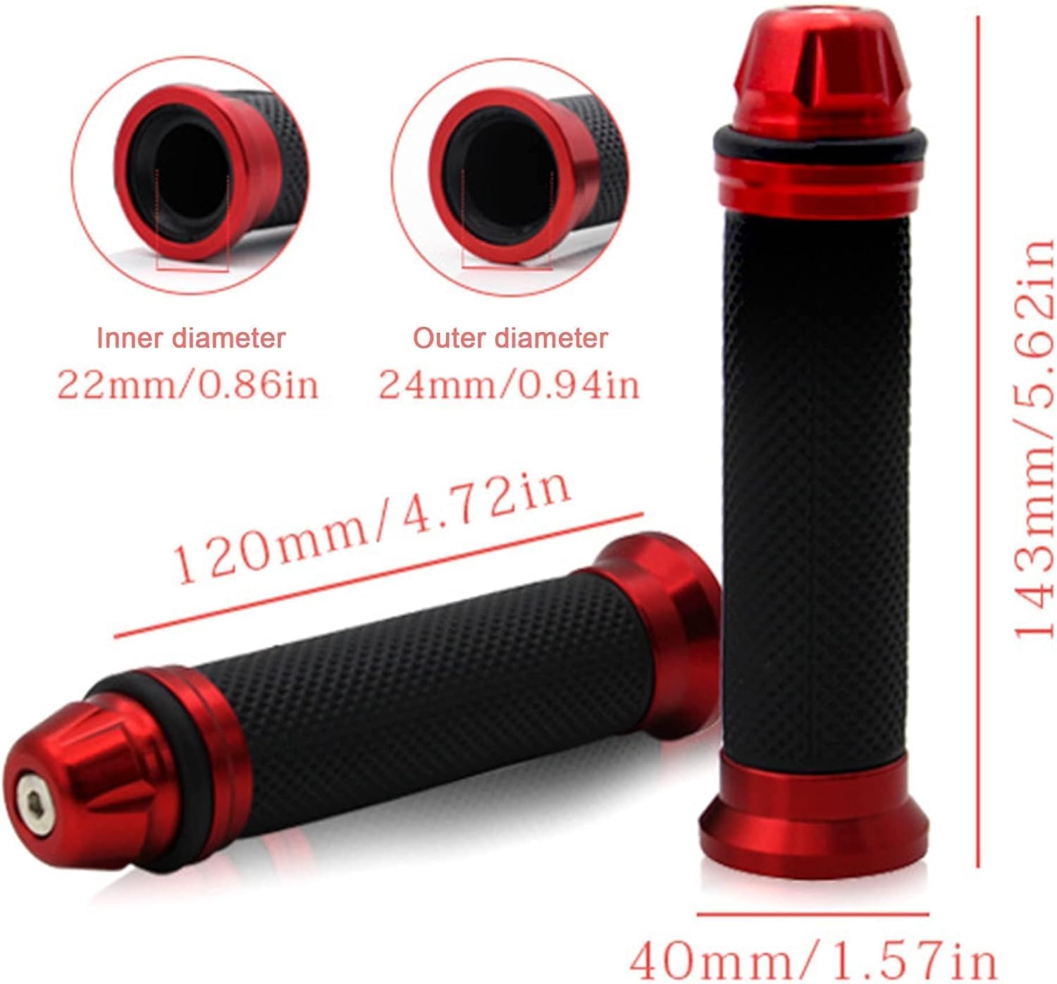 HISports Universal Motorrad Lenkergriffe Griffe 22 mm - 24 mm (7/8 / 1 Zoll), Anti-Rutsch Motorradgriffe Hochwertige Gummi Griffe aus CNC Aluminium, ROT