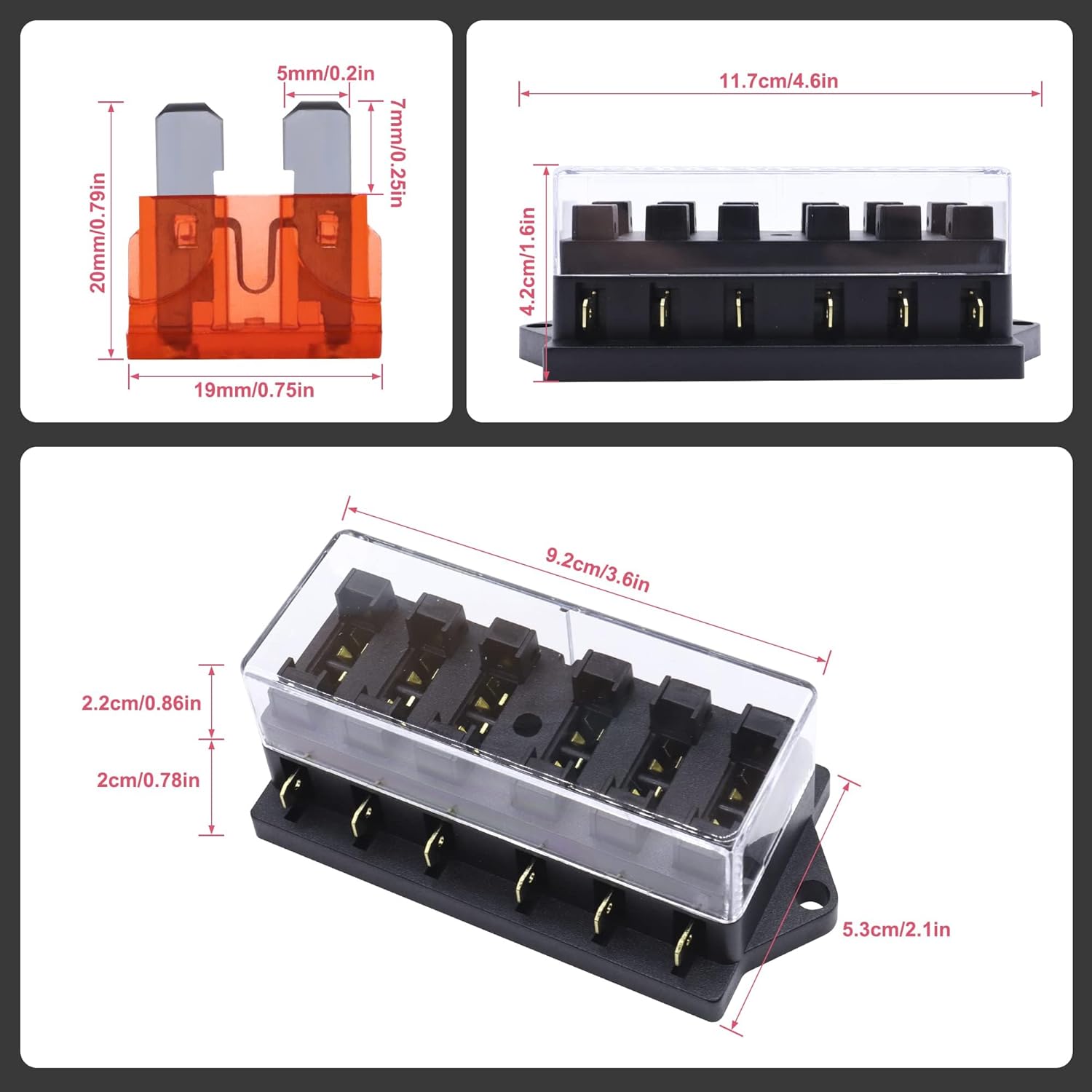 HISports 6 Fach Sicherungshalter,Universal Standard Blade Sicherungskasten mit 10 Sicherung(5A*2,10A*2,15A*2,20A *2,25A*2) KFZ Standard Bsicherungsdose ATO mit Feuchtigkeitsgeschützter Abdeckung