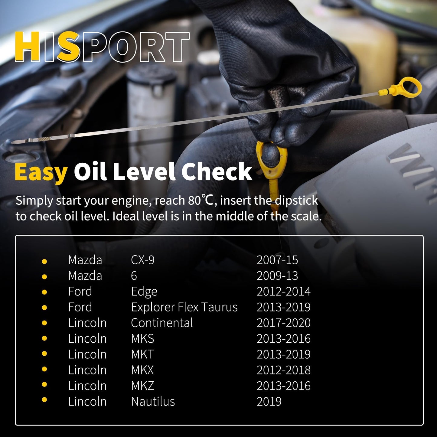 HiSport Engine Oil Dipstick - Compatible with 2007-2013 Mazda CX-9 2009-2013 Mazda 6 Level Dip Stick Replaces CY01-10-450A