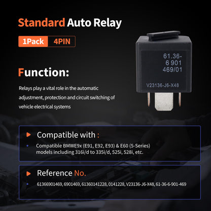 HiSport 12VDC 4 Pin Automotive Power Relay Multi Use V23136-J6-X48 61366901469 for E90 E91 E92 E93 CAS Module Compatible with BMW Cooper, 2PCS