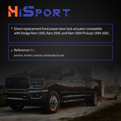 HiSport Door Lock Latch Actuator Motor Front Driver Side 931634 931-634 Compatible with Dodge Ram 1500 2500 3500 Pickup 1994-2002, Replacement for 55076291AB 55075357 55076077