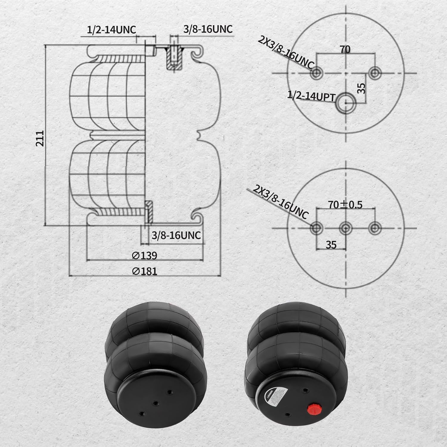 HiSport Pack of 2 Universal 2600 lbs 1/2" NPT Replacement Air Spring Bags for Dodge Ram for Chevrolet Silverado GMC Sierra 1500 for Ford F-150/F-250/F-350 Trucks