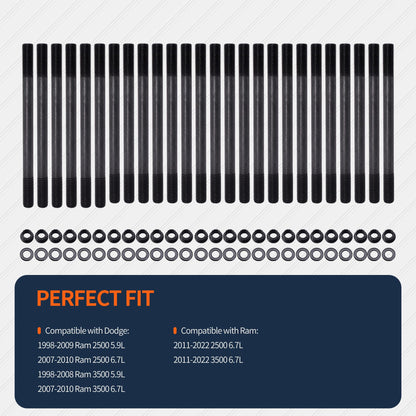 HiSport Cylinder Gasket Head Stud Bolt Kit 247-4202 - Compatible with Ram 2500 3500 Dodge Ram 2500 Ram 2500 Ram 3500 Ram 3500 1998-2022 5.9L 6.7L 24V Diesel 12-Point