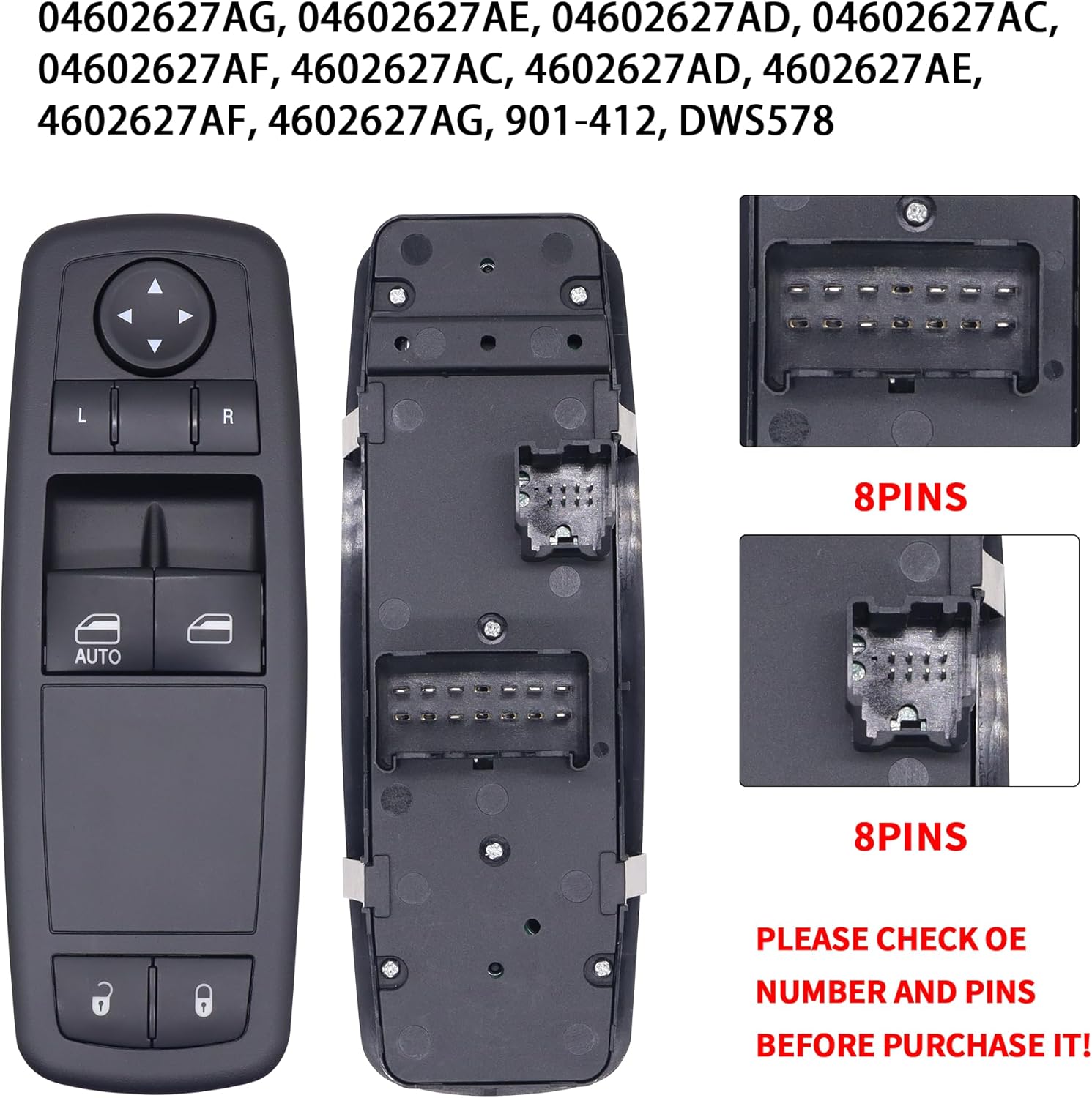 HiSport Window Switch Driver Side - Compatible with Chrysler Town & Country 2008-2011 Dodge Grand Caravan 2008-2011 - Power Window Switch Front Left Driver Side 8 PINS + 8 PINS Replace 04602627AG