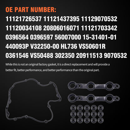 HiSport Valve Cover Gasket Set - Compatible with BMW 325Ci 325i 325xi 525i Z3 323Ci 323i 328Ci 328i 528i Z3 330Ci 330i 330xi 530i X5 Z3 1998-2002 2.5L 2.8L 3.0L - Replace 11121726537