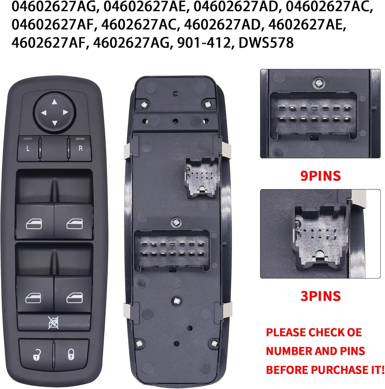 HiSport Window Switch Driver Side - Compatible with Chrysle Town & Country 2008-2010 - Power Window Switch Front Left Driver Side 3 PINS + 9 PINS Replace 68039999AA