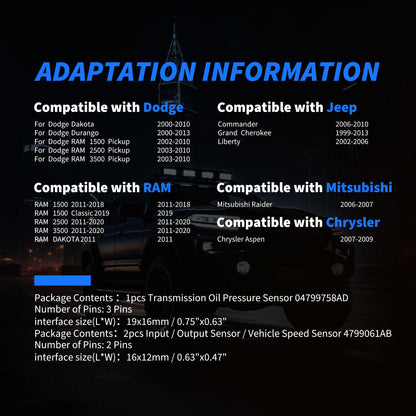 HiSport 45RFE 545RFE 68RFE Automatic Transmission Input Output Speed Sensor 3PCS 1999-Up Pressure Transducer Sensor Compatible with Dodge Jeep Grand Cherokee RAM 1500 2500 Pickup 04799758AD 4799061AB