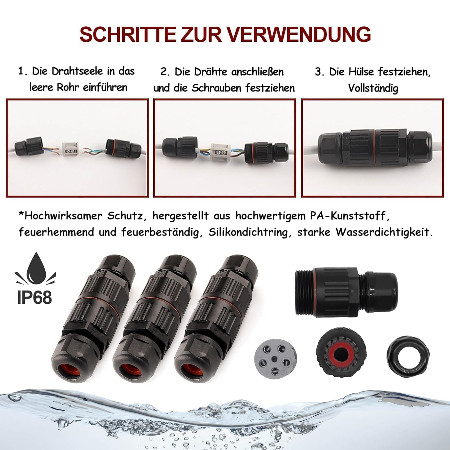 HISports Wasserdichter Kabelstecker, IP68 5-polig, für Kabel Ø 4-10 mm, Abzweigdose, Outdoor wasserdicht, Caravan, Garten, Boot, Auto, unterirdische Kabelabzweigdose, schwarz 3 Stück