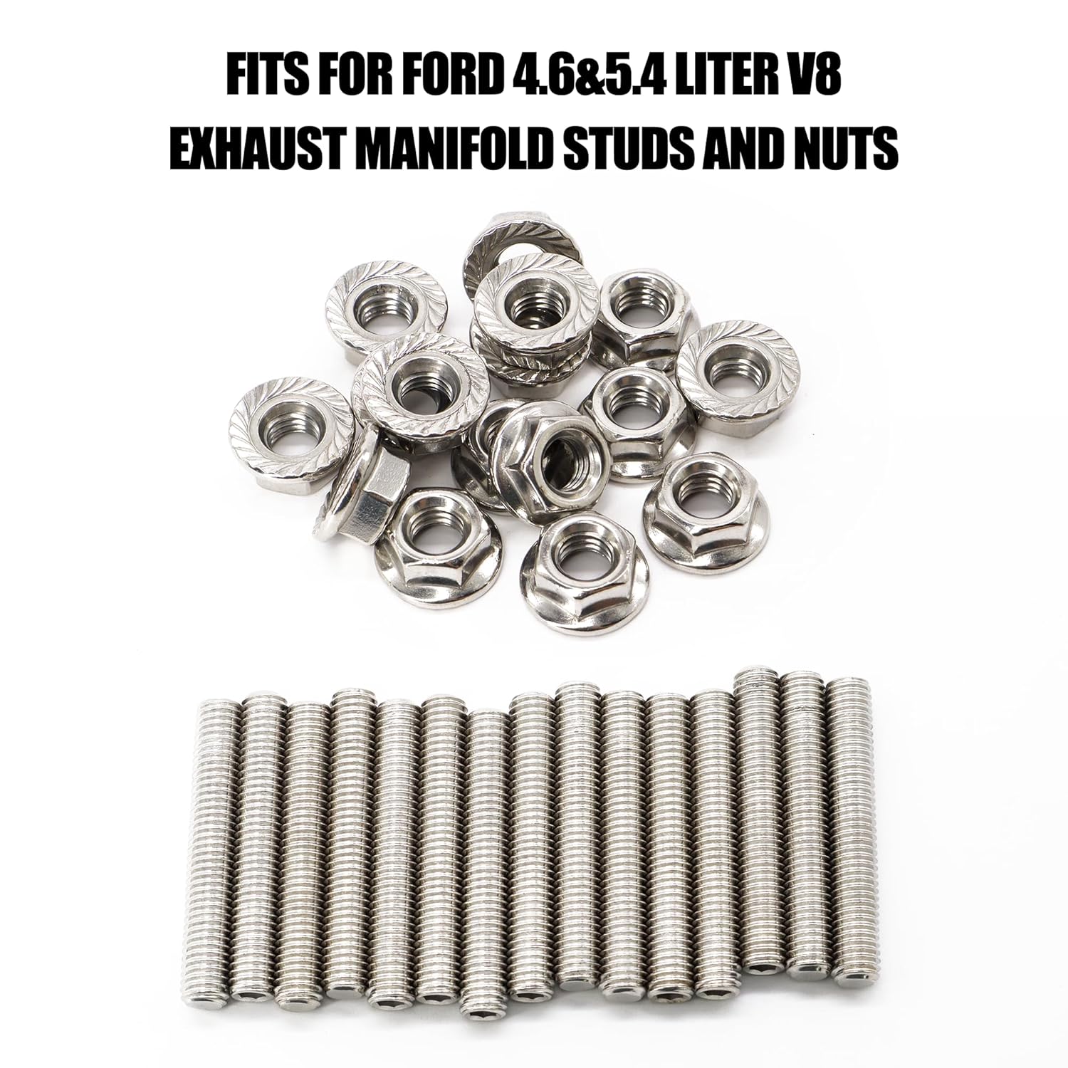 HiSport Exhaust Manifold Studs and Nuts Kit - 16pcs Compatible with Ford 4.6L/5.4L V8 Engines with High Strength Nuts (Stainless Steel)