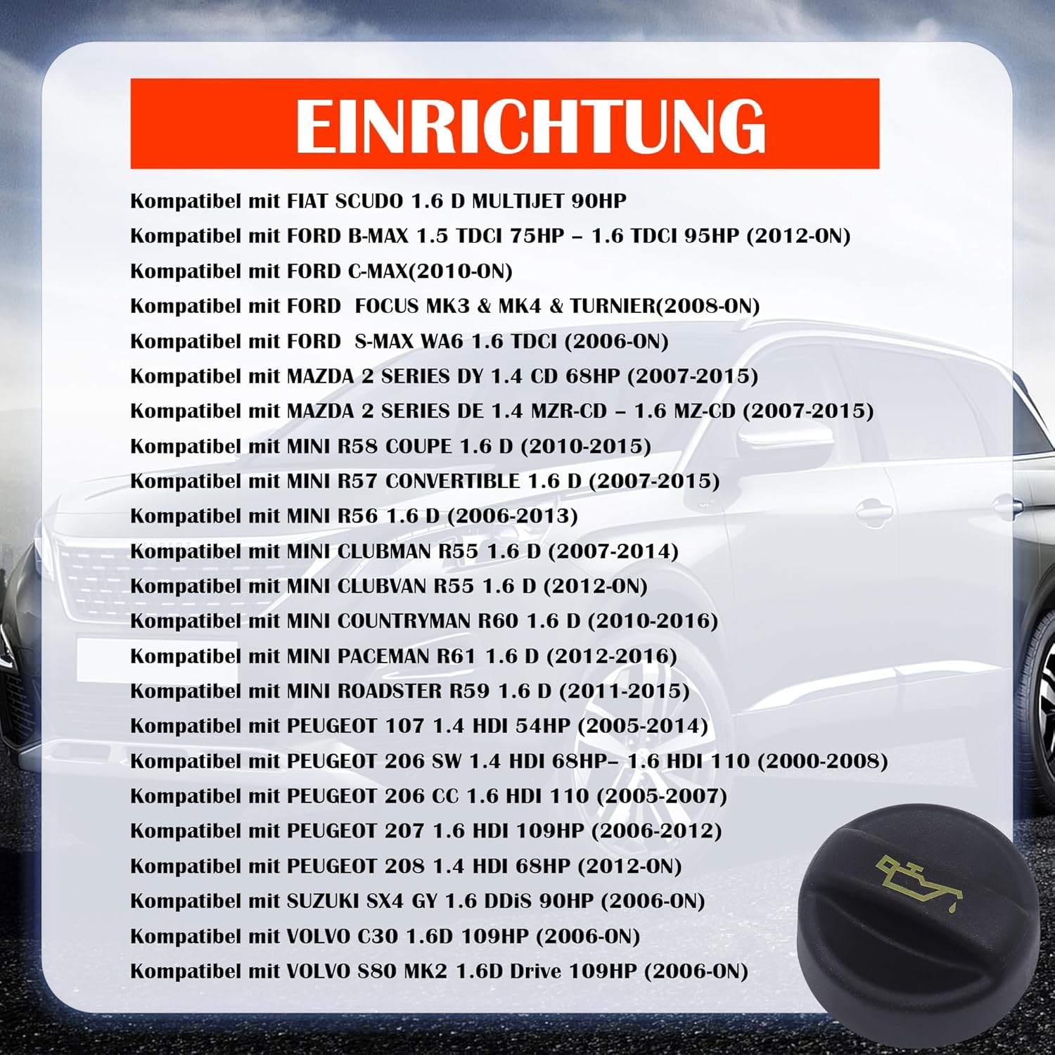 HISports Öleinfülldeckel - Kompatibel mit Ford 107 206 207 208 2008 307 308 Vivaro C S-MAX B-max C-max Fiesta 9670015080 1713791 1180S5