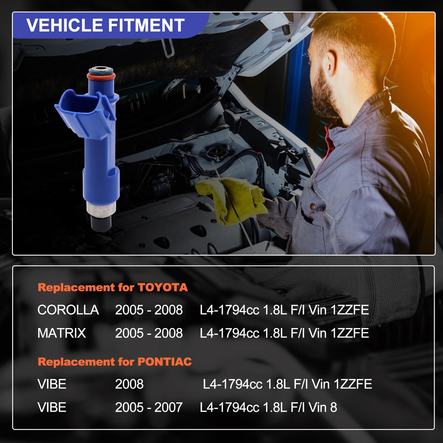 HiSport Fuel Injectors 4PCS Compatible with TOYOTA Corolla Matrix 1.8L L4 2005-2008,Replacement for Pontiac Vibe 1.8L 2005-08 Replace 23250-0D050 FJ847 23209-0D050 54212324