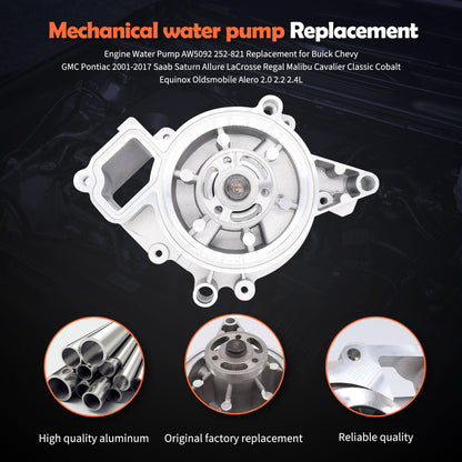 HiSport Engine Water Pump AW5092 252-821 89036356 Replacement for Buick Chevy GMC Pontiac 2001-2017 Saab Saturn Allure LaCrosse Regal Malibu Cavalier Classic Cobalt Equinox Oldsmobile Alero