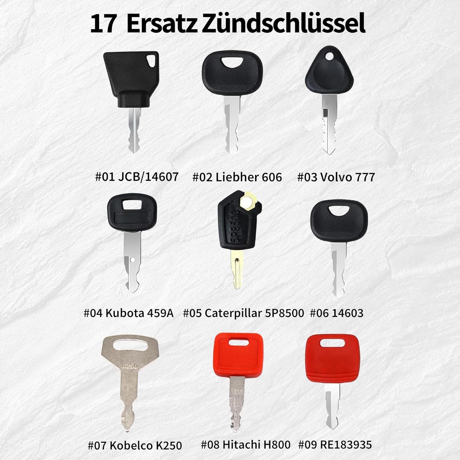 HISports 17 Stück Zündschlüssel, Baumaschinen Schlüssel Set, Zündschlüsselsatz, Universal Für JCB, Raupe, Caterpillar, Komatsu, Hitachi, Kubota, Takeuchi