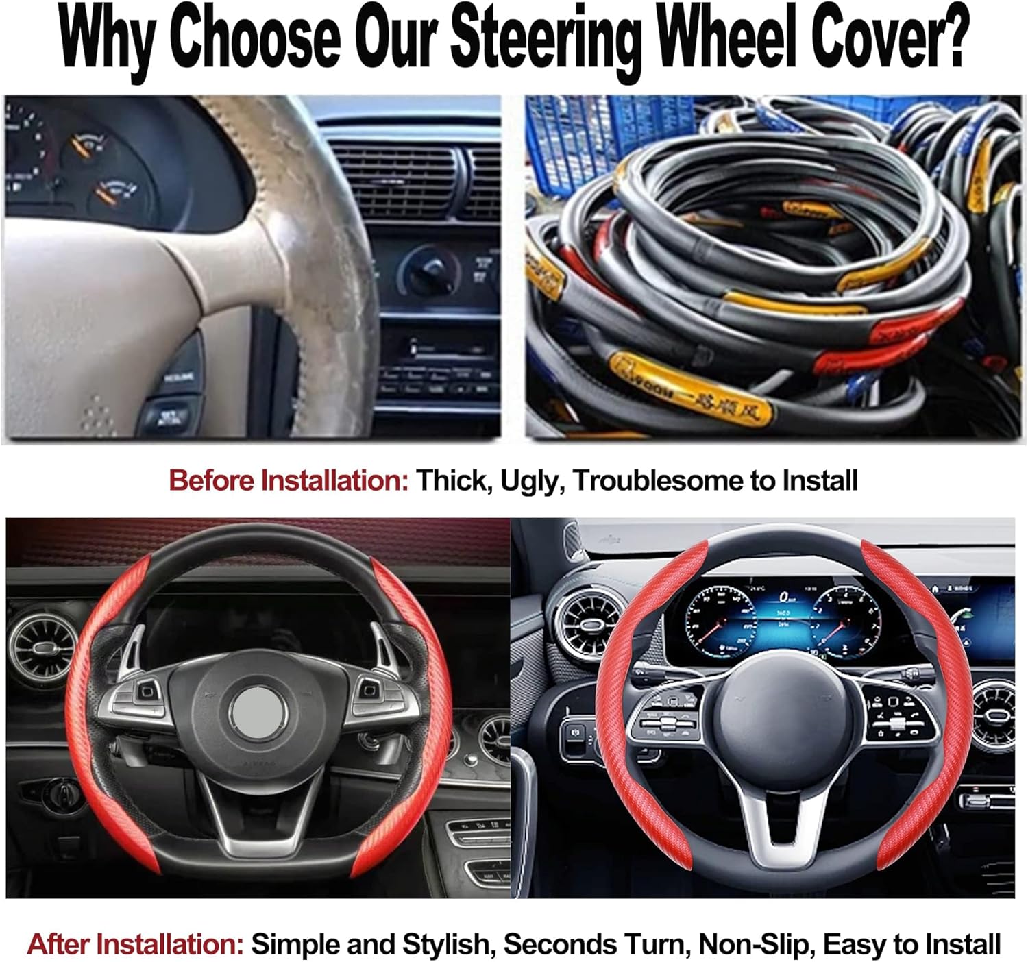 HISports Car Steering Wheel Cover Universal Carbon Fiber Anti-skid Segmented Car Wheel Cover Protector Comfortable Steering Wheel Covers Accessories for Most Vehicles Auto Truck SUV Van