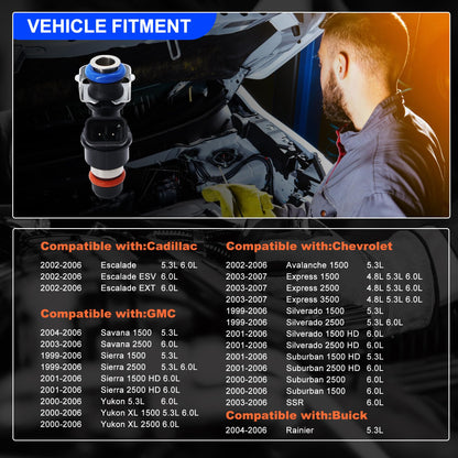 HiSport Fuel Injectors Replacement for Chevy Tahoe Express Suburban Silverado,Compatible with GMC Yukon XL Sierra, 1500 2500 3500,Cadi Escalade V8 4.8L 5.3L 6.0L 2000-2006 17113553 8 Pcs