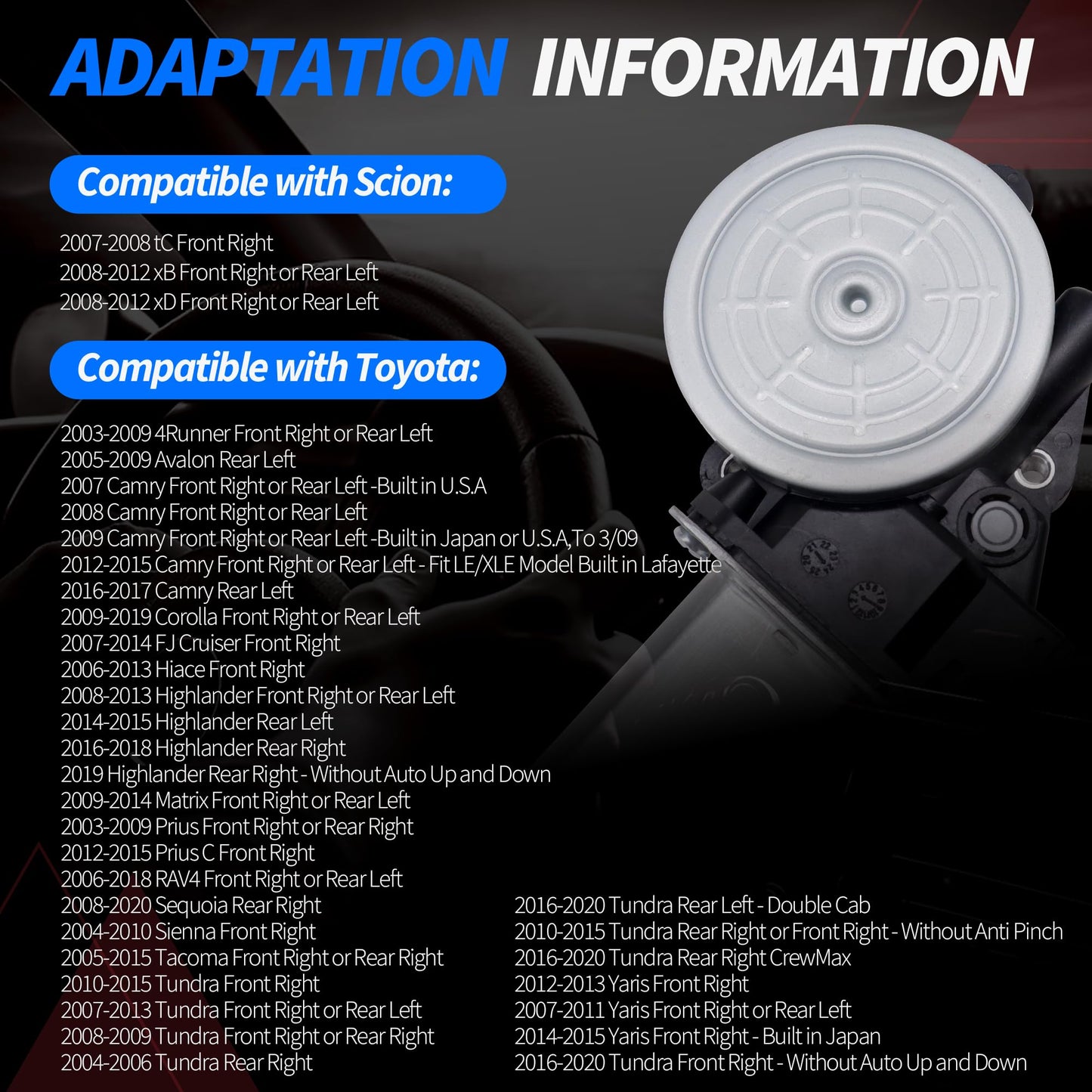HiSport 85710AE010 742-609 Power Window Lift Motor Compatible with Toyota Tacoma 2005-2015 Tundra 4Runner RAV4 Camry Compatible with Scion tC xB xD