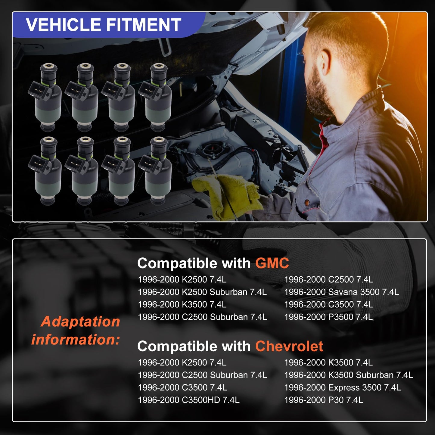 HiSport 8 Fuel Injectors Compatible with GMC Chevrolet C2500,C2500 Suburban,C3500, C3500HD,C6500 Kodiak, C7500 Kodiak,K2500, K3500,Express 3500,Savana 3500,7.4L V8 Replace 17113221
