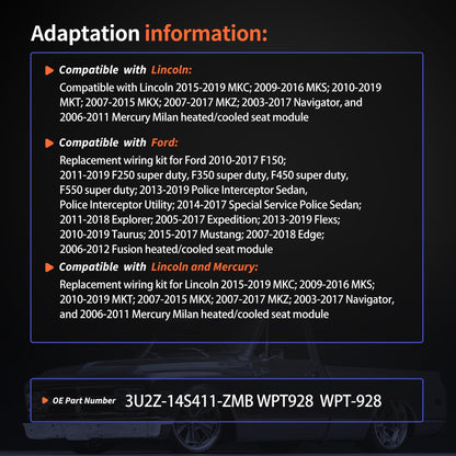 HiSport WPT928 Wiring Kit Heated/Cooled Seat Module Connector Wire Assembly Replacement for Ford F150 F250 Explorer Mustang Fusion 2013-2019,Compatible with Lincoln MKS Mercury Milan 12 Leads Harness