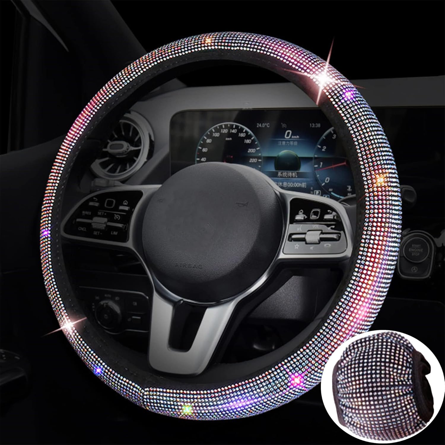 HISports Bling Steering Wheel Cover Colourful Diamond Steering Wheel Cover with Crystal Rhinestones Steering Wheel Cover Glitter Universal Fit for 14.5 to 15 inch Car Accessories Gifts for Girls Women