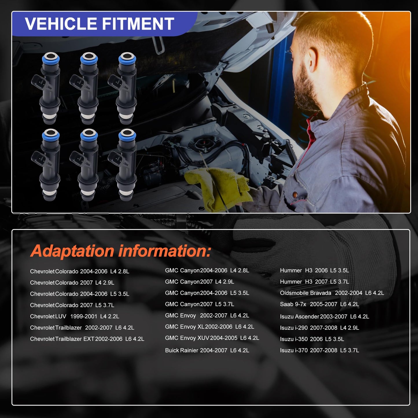 HiSport Fuel Injectors 6PCS Compatible with Buick Chevrolet GMC Hummer Isuzu i-290 i-350 i-370 Ascender H3 Rainier Colorado LUV Trailblazer EXT Canyon Envoy XL XUV Replace FJ319 12569573