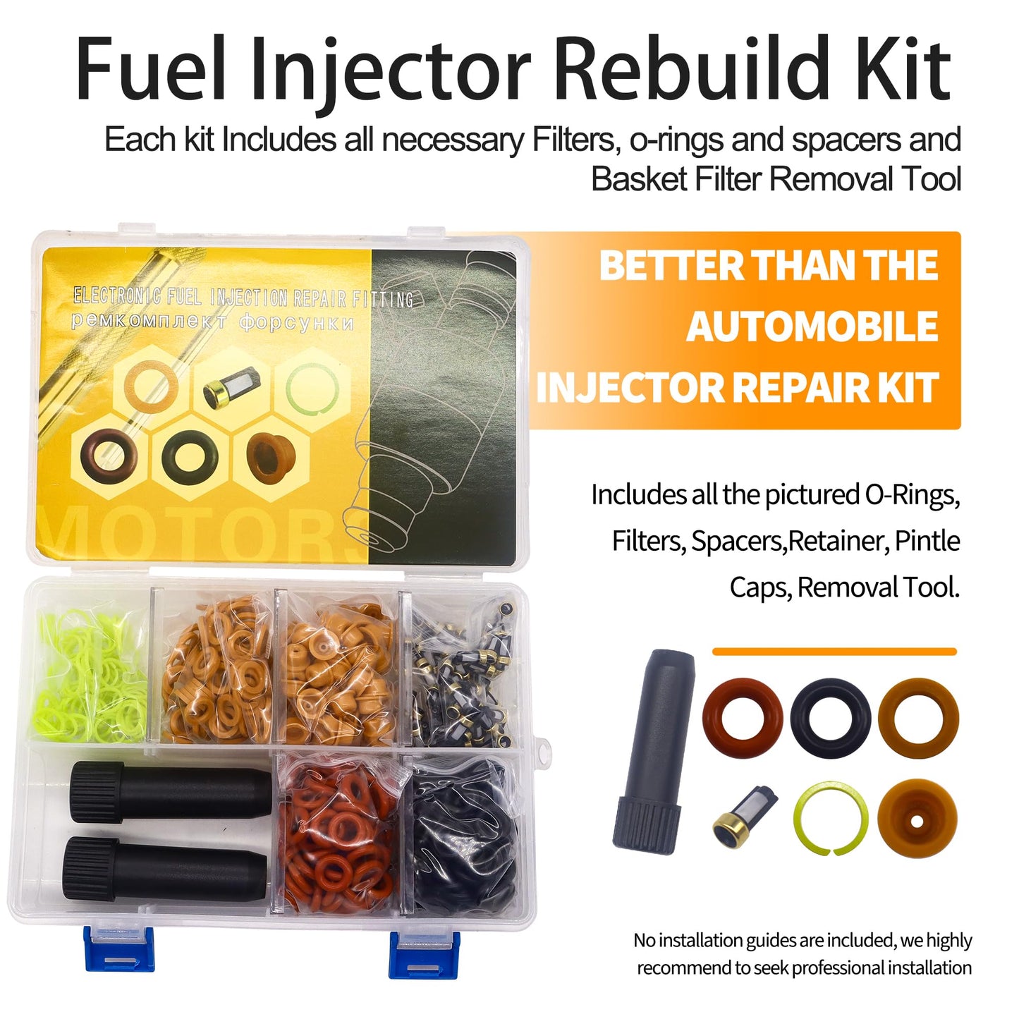 HiSport Fuel Injector Rebuild Service Repair Kits - O rings, Spacers, Pintle Caps, Micro Basket Filters + Removal Tool (100set/box)