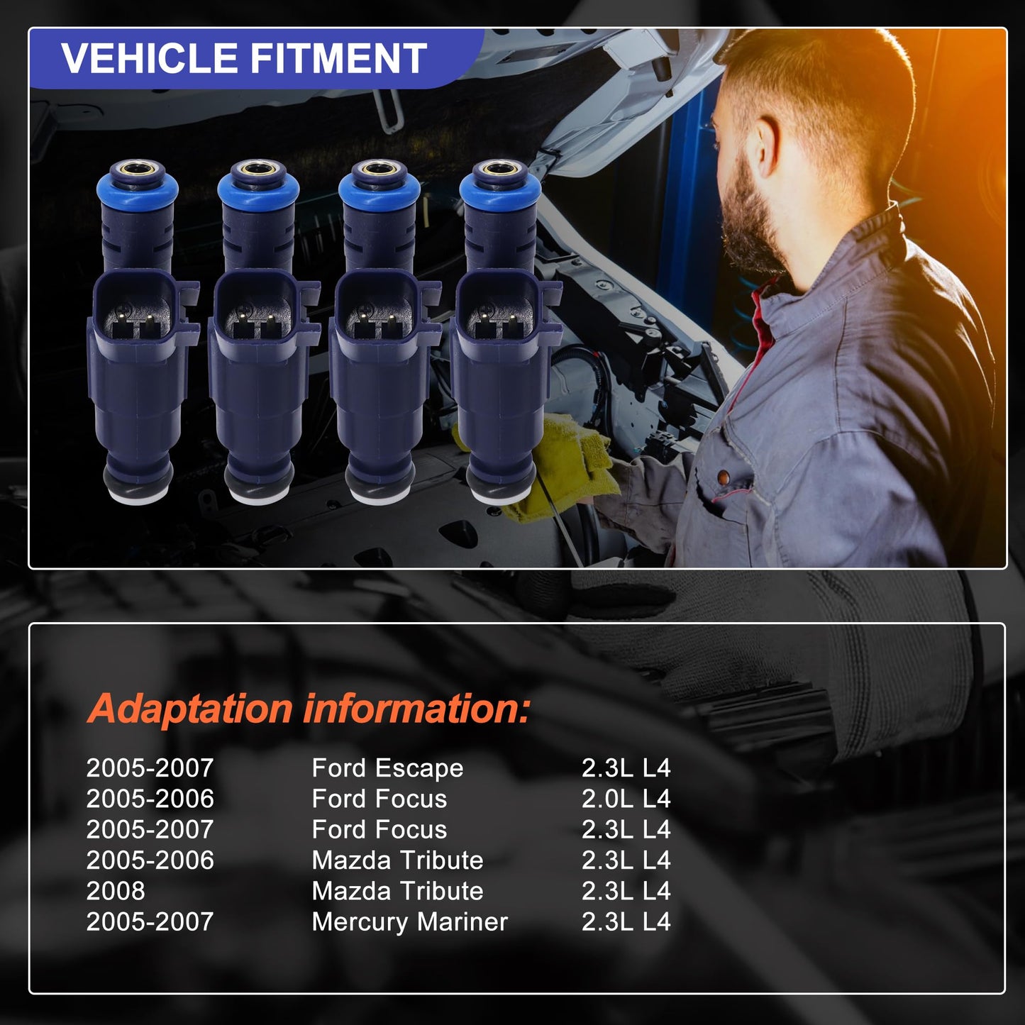 HiSport 4 Fuel Injectors 3M6Z9F593BA Compatible with Ford Escape 2005-2007, Focus 2005-2006,Replacement for Mazda Tribute 2005-2006,2008 Tribute,Mariner 2005-2007 2.3L L4