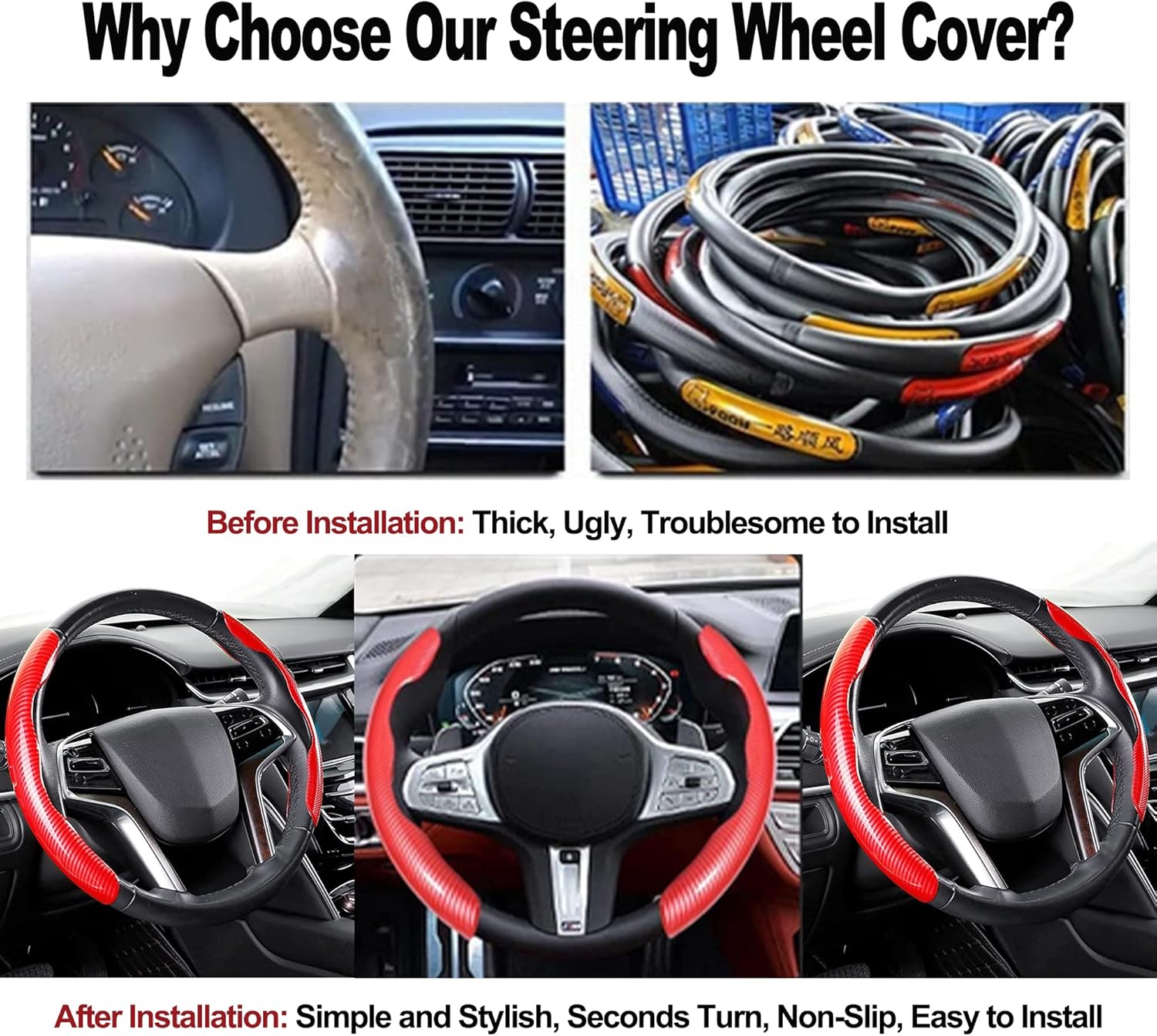 HISports Car Steering Wheel Cover Universal Carbon Fiber Anti-skid Segmented Steering Wheel Cover Comfortable Non-Slip Steering Wheel Protector Steering Wheels Accessories for Auto/Truck/SUV/Van