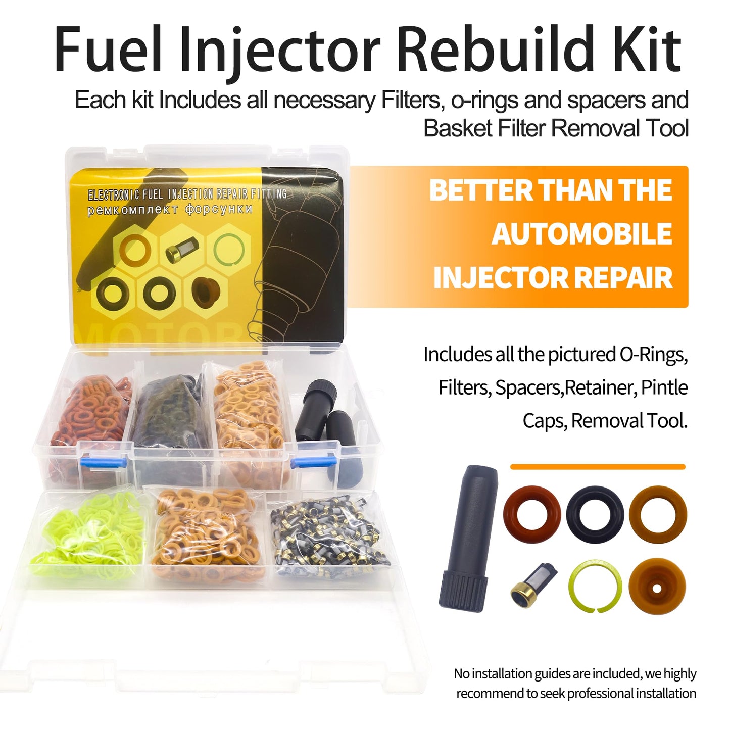 HiSport Fuel Injector Rebuild Service Repair Kits O-rings Micro Basket Filters Pintle Caps Spacers + Removal Tool,200set/box