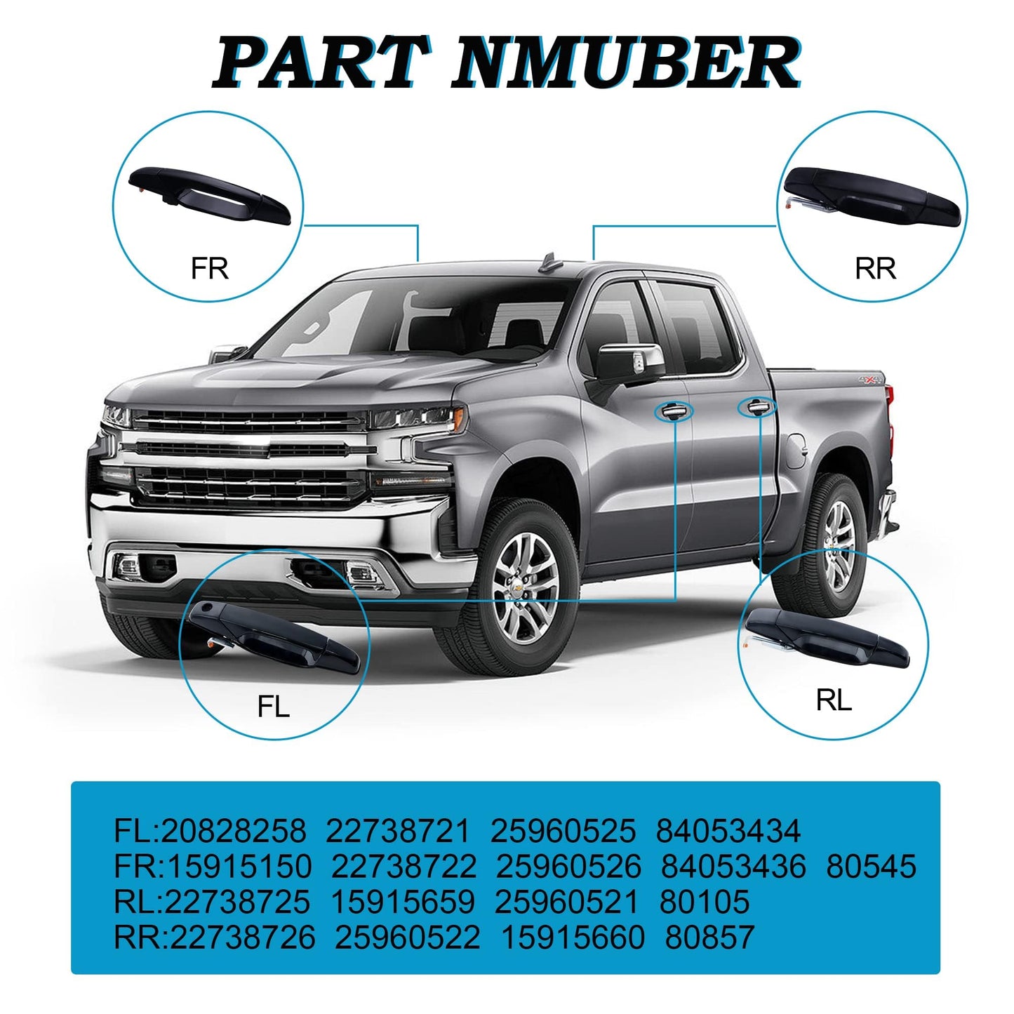 HiSport 20828237 4PCS Outside Exterior Door Handle Compatible with Chevrolet Chevy Avalanche 2007-2013, Silverado 1500 2500 3500 2007-2014, Suburban 1500 2500, Tahoe, GMC Sierra 2500 3500 Yukon